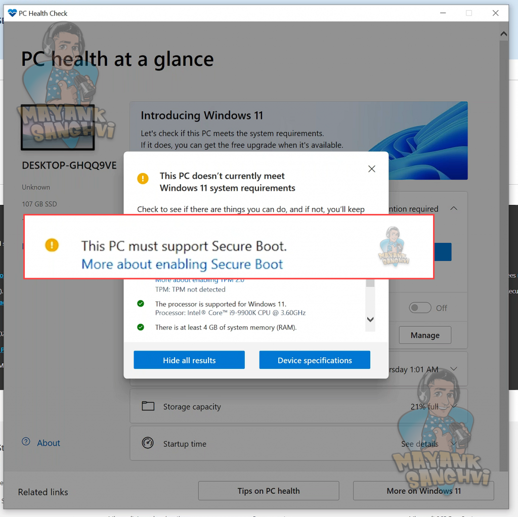 Windows 10 PC Health Check - Secure Boot Warning