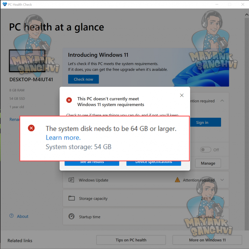 PC Health Check Installation Wizard - Storage Issue