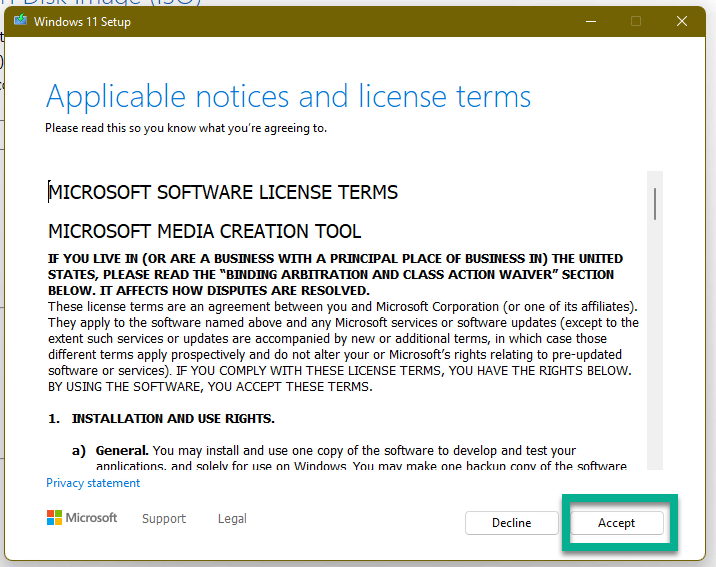 Media Creation Tool - Accept Terms and Conditions