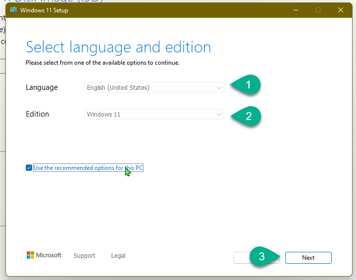 Media Creation Tool - Select language and edition
