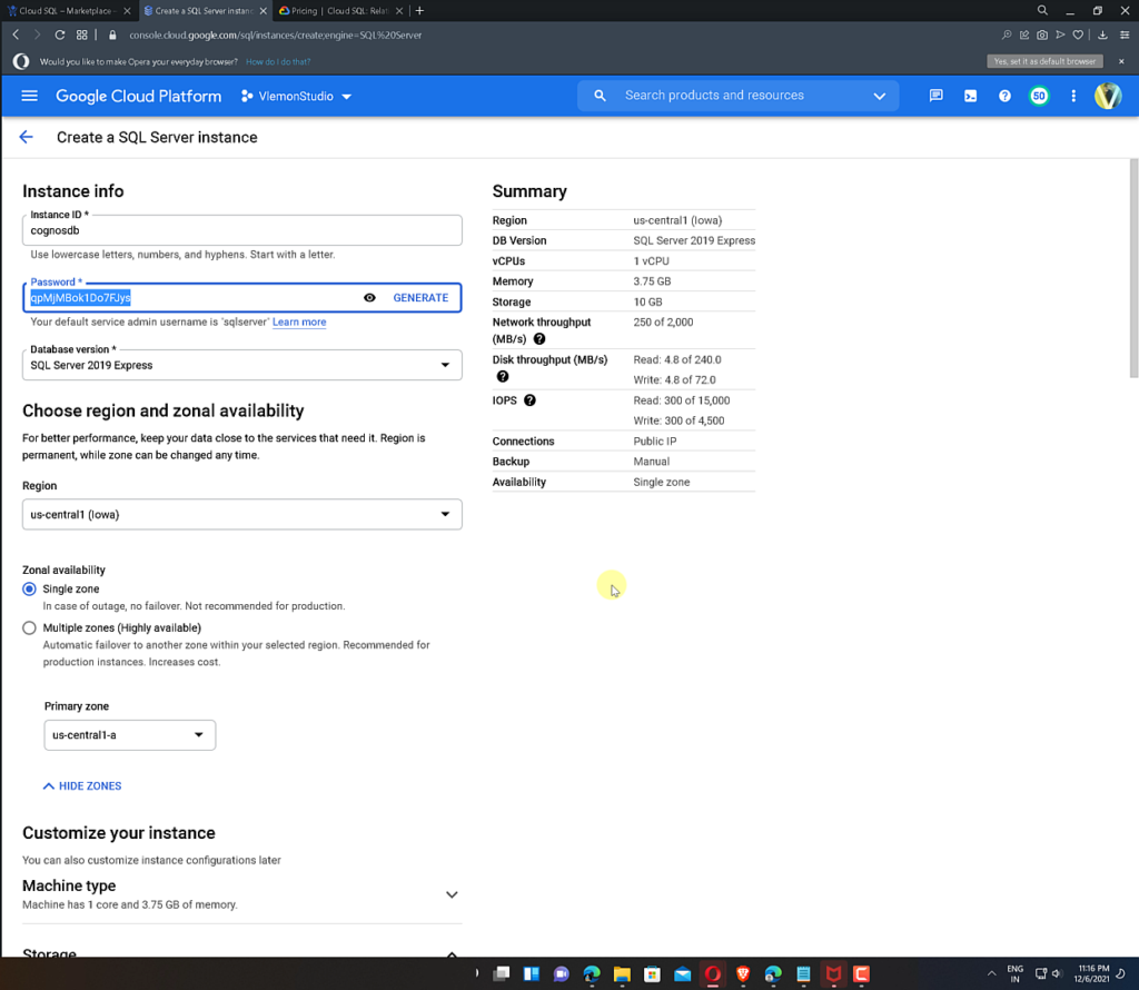 Google Cloud SQL - Create Instance